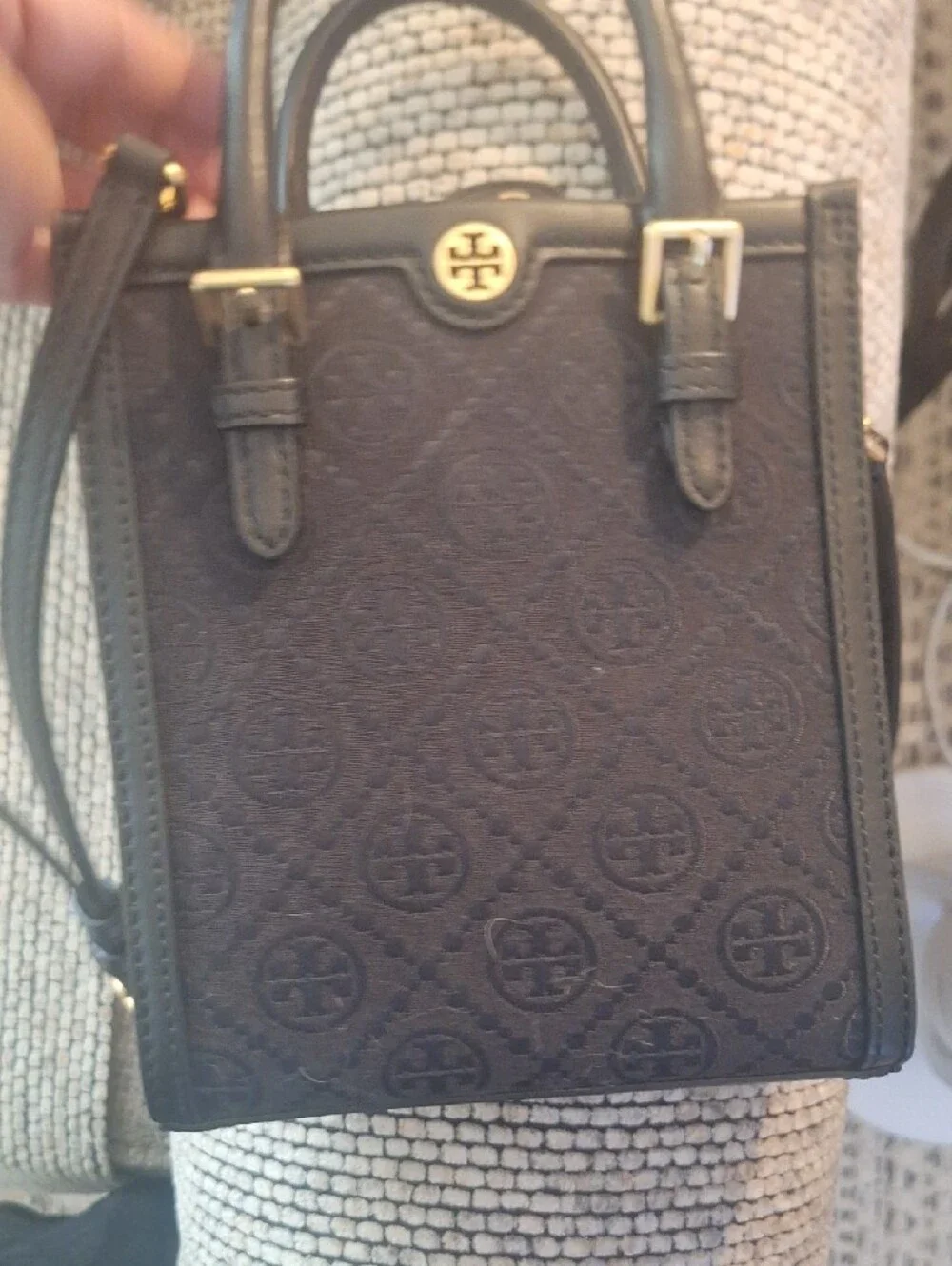 Tory Burch Black Patterned Mini Tote with Gold Hardware
